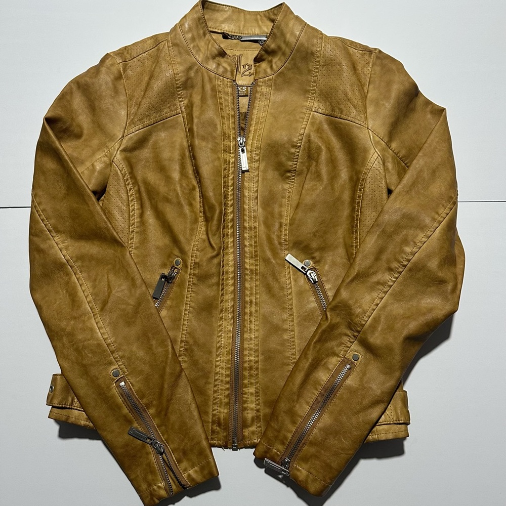 Woman’s Faux Leather Moto Biker Jacket in Tan - XS